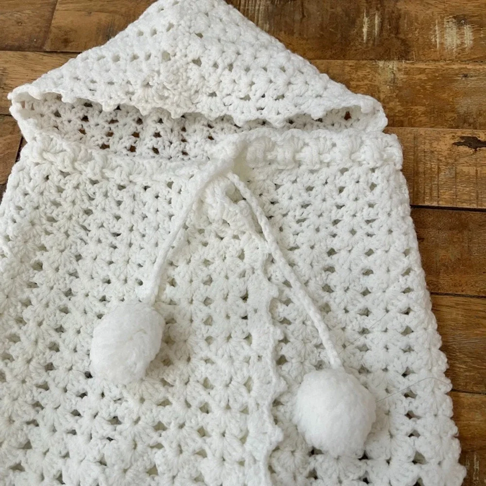 Handmade Crochet Hooded Shawl Cape Infant Toddler Unisex Adjustable Drawstring